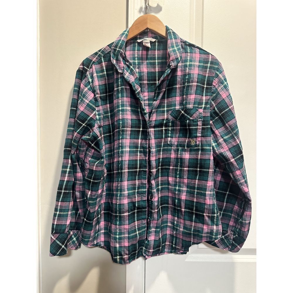 Victoria's Secret Green Pink Plaid Pajama Top Large